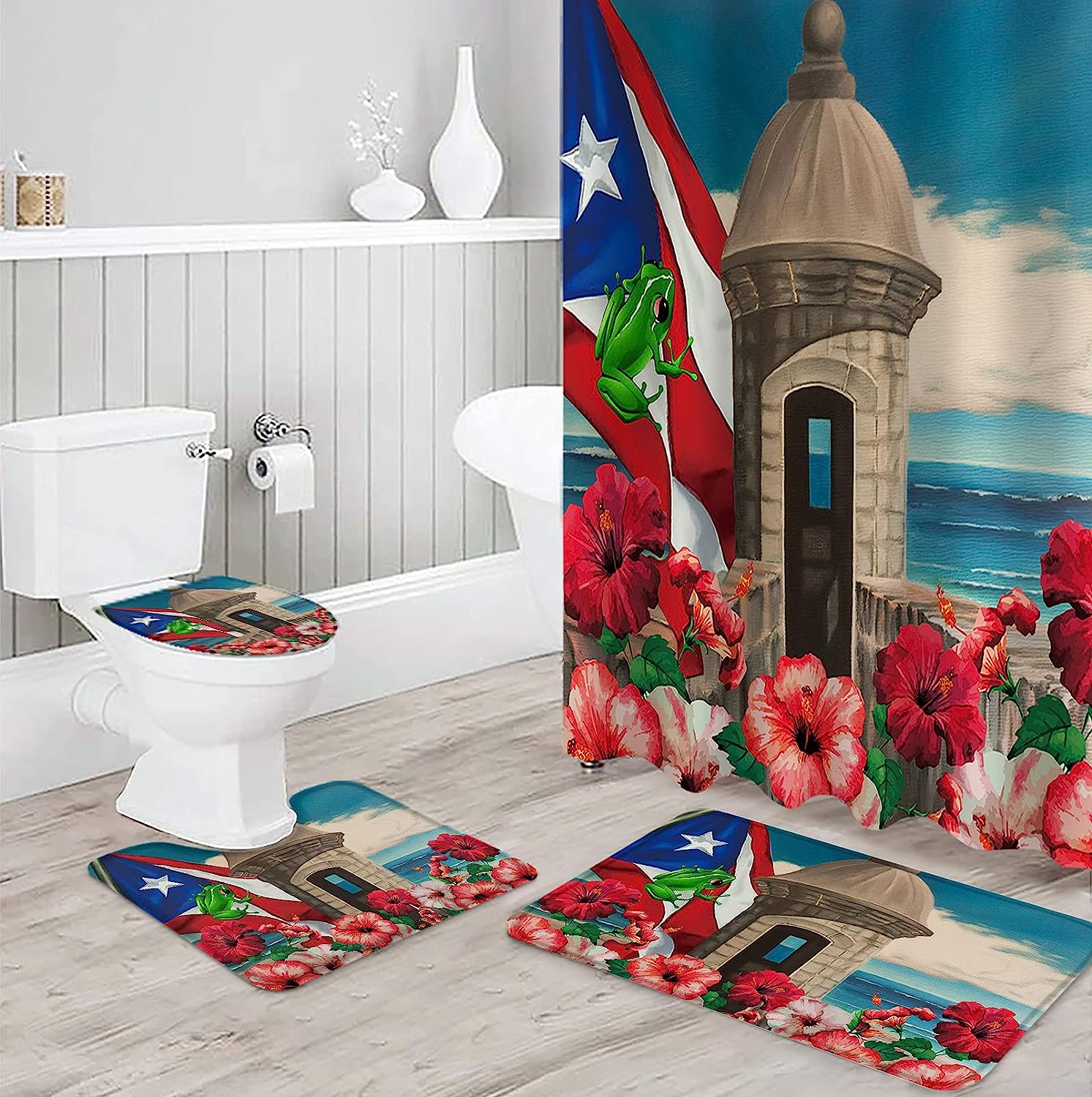 Puerto Rico Flag Frog With Awesome Hibiscus Ocean Coastal Architecture Unique Bathroom Shower Curtain Sets - Image 3
