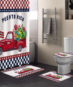 Puerto Rico Flag Truck On Plaid Pattern With Two Frog Vintage Shower Curtains