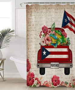 Puerto Rico Truck Frog Watercolor Flowers Puerto Rico Flag Luxury Shower Curtain
