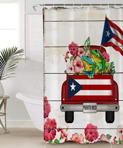 Puerto Rico Truck Frog Watercolor Flowers Puerto Rico Flag Print Shower Curtain for Bathroom