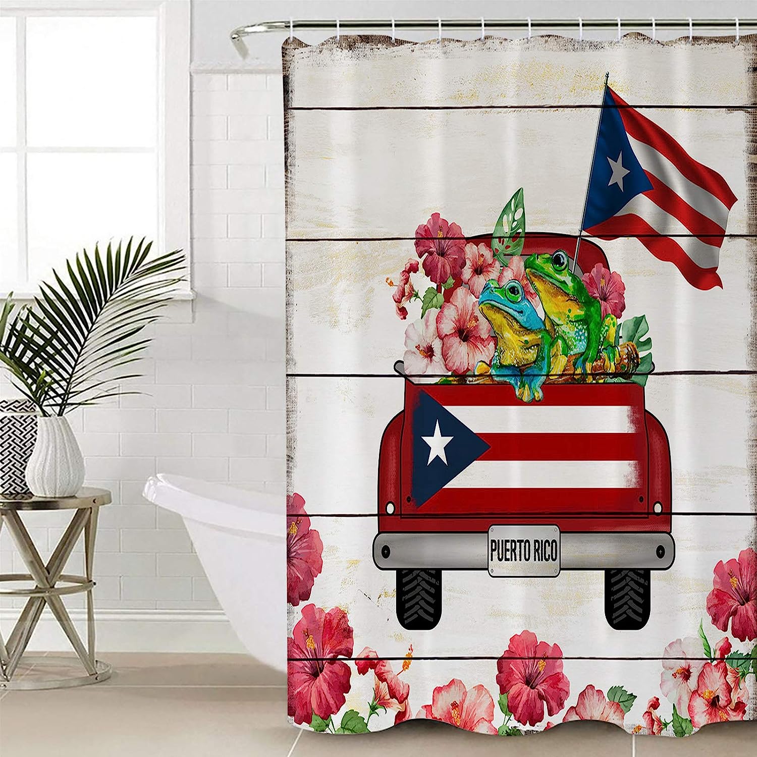 Puerto Rico Truck Frog Watercolor Flowers Puerto Rico Flag Print Shower Curtain for Bathroom