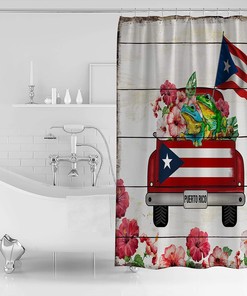 Puerto Rico Truck Frog Watercolor Flowers Puerto Rico Flag Print Shower Curtain for Bathroom