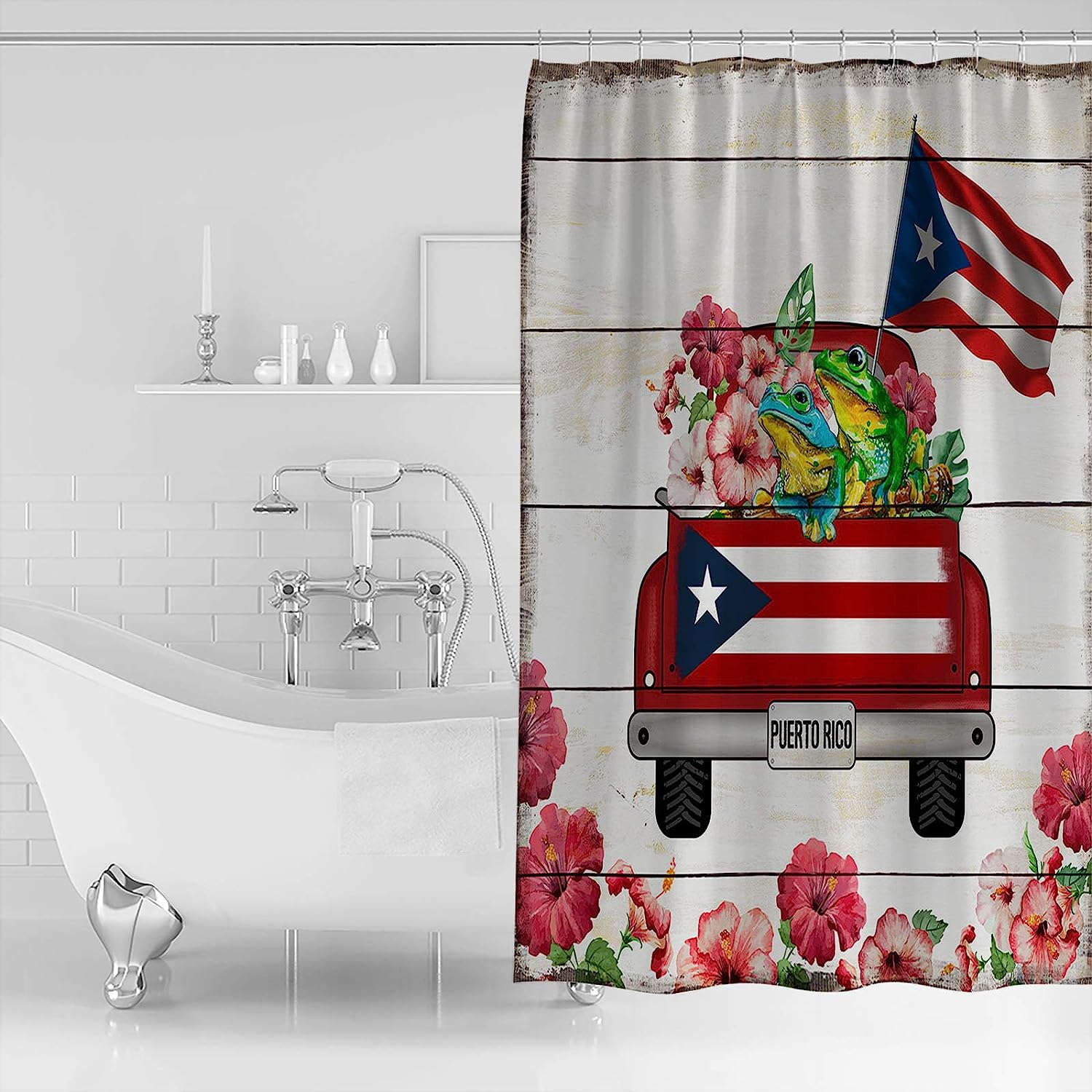 Puerto Rico Truck Frog Watercolor Flowers Puerto Rico Flag Print Shower Curtain for Bathroom