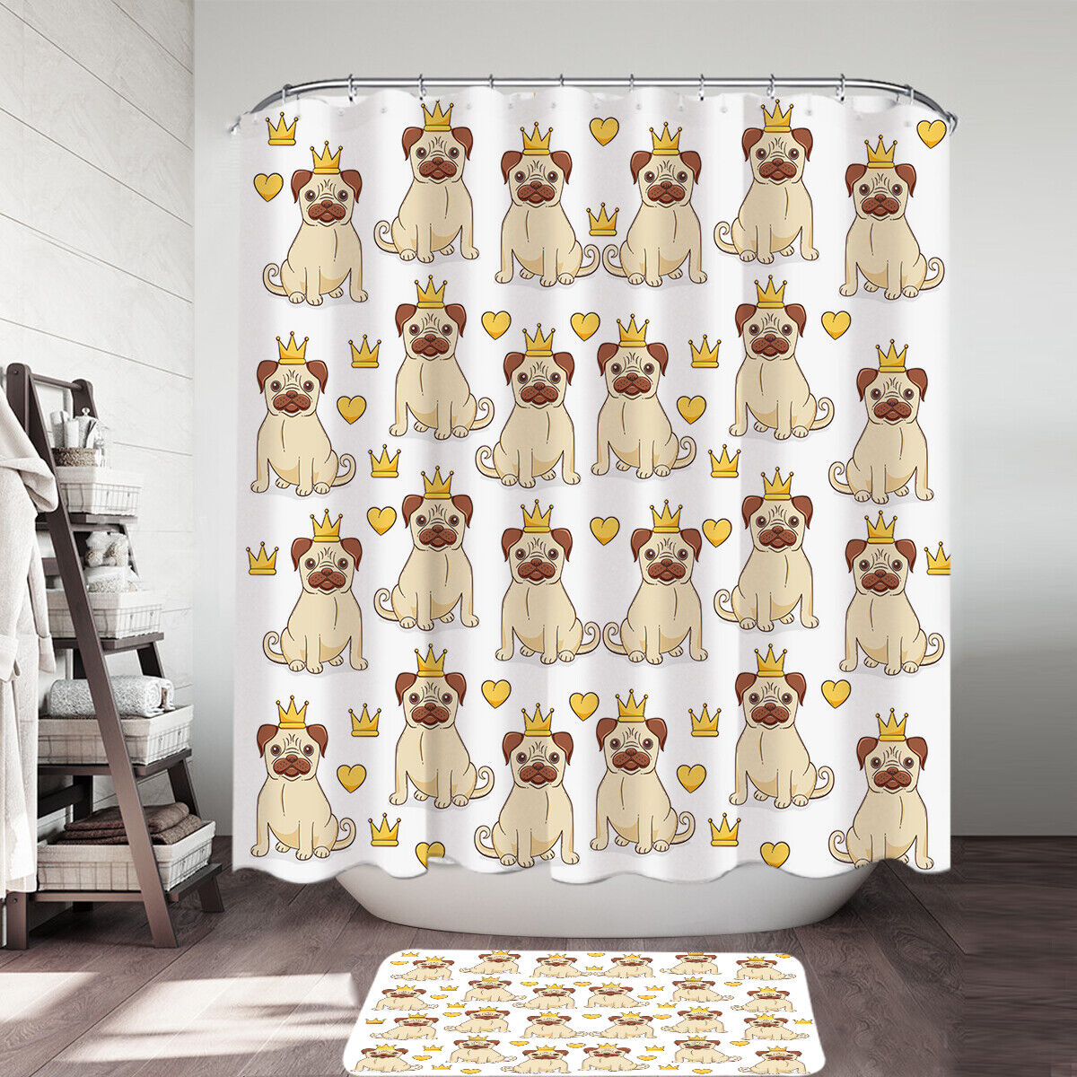Pug Dog Girl Princess Pink Bathroom Shower Curtain