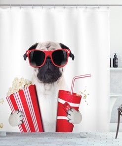 Pug Dog Going to the Movies Shower Curtain, Playful Print for Bathroom