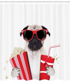 Pug Dog Going to the Movies Shower Curtain, Playful Print for Bathroom