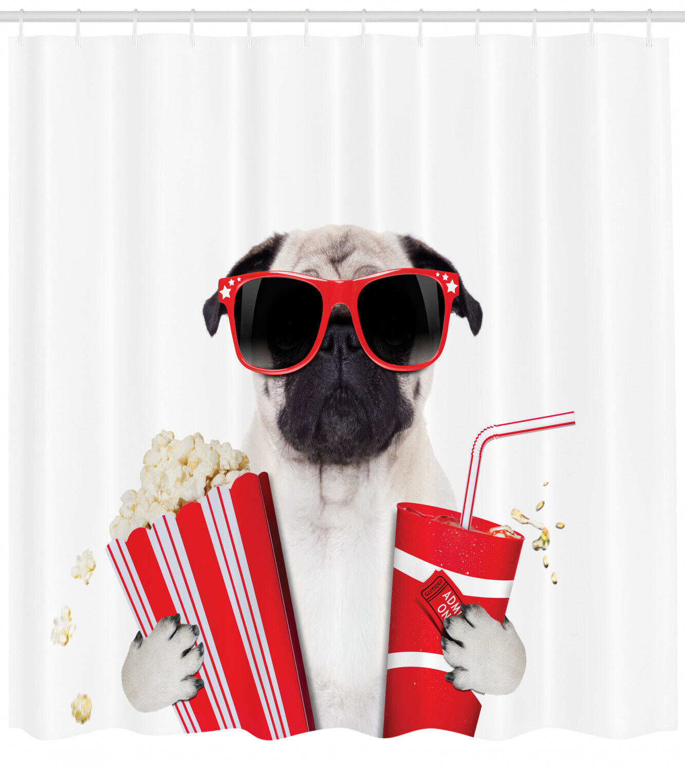 Pug Dog Going to the Movies Shower Curtain, Playful Print for Bathroom
