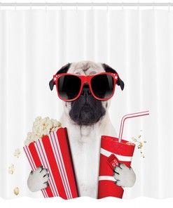 Pug Dog Going to the Movies Shower Curtain, Playful Print for Bathroom
