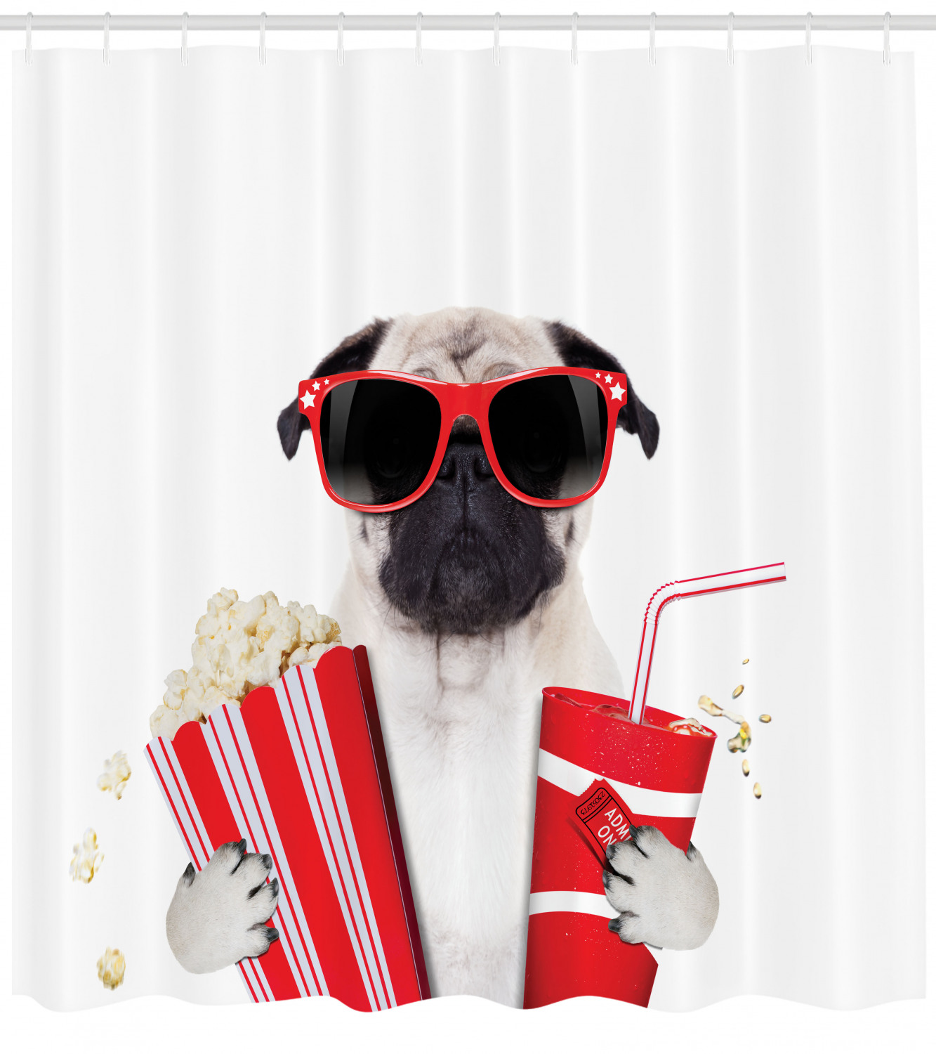 Pug Dog Going to the Movies Shower Curtain, Playful Print for Bathroom