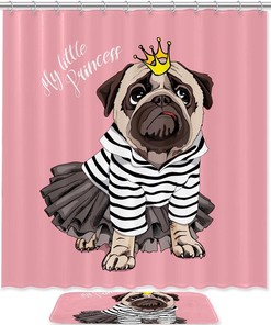 Pug Dog King And Heart Pattern Shower Curtain For Bathroom