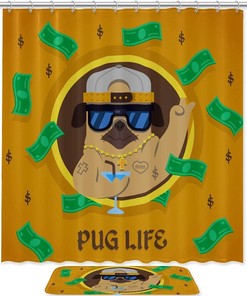 Pug Dog With Gangster Style Shower Curtain For A Fun Bathroom Decor