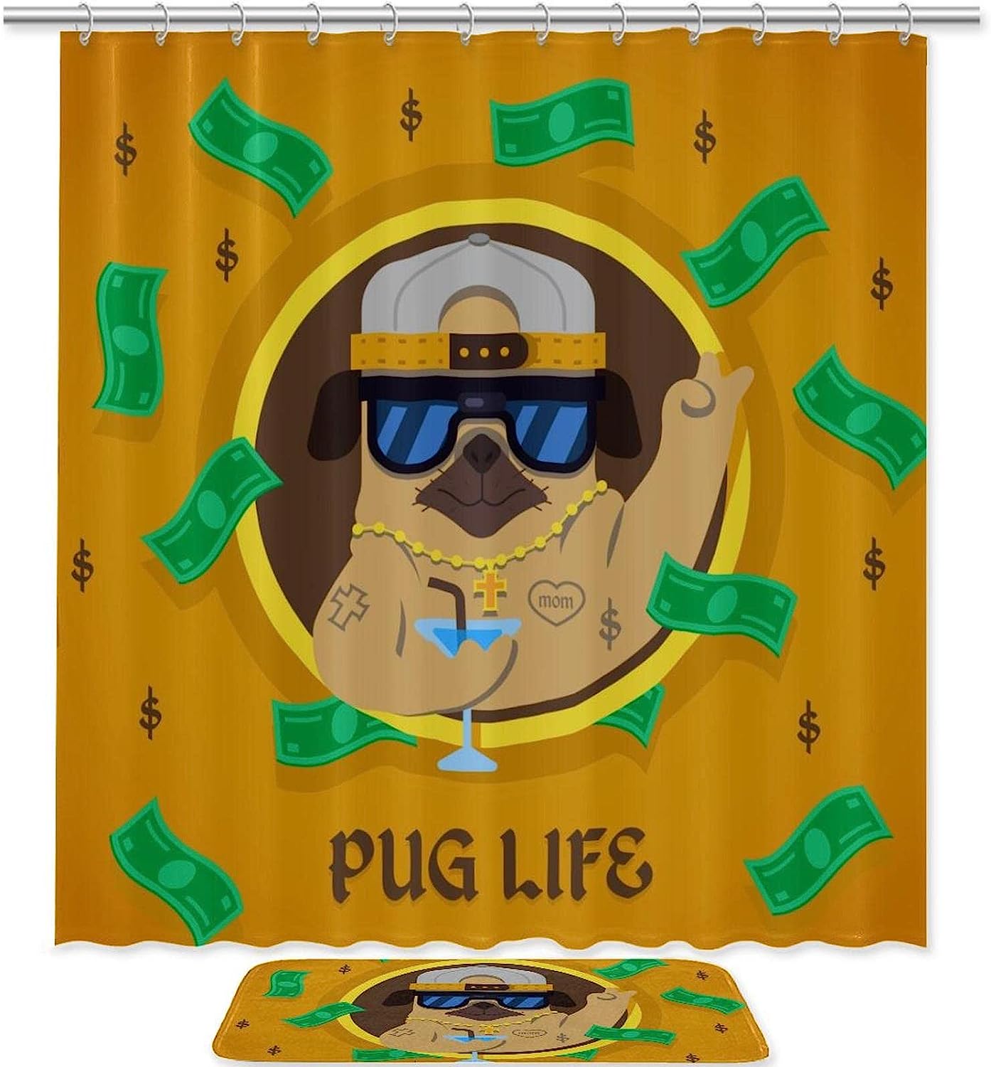 Pug Dog With Gangster Style Shower Curtain For A Fun Bathroom Decor