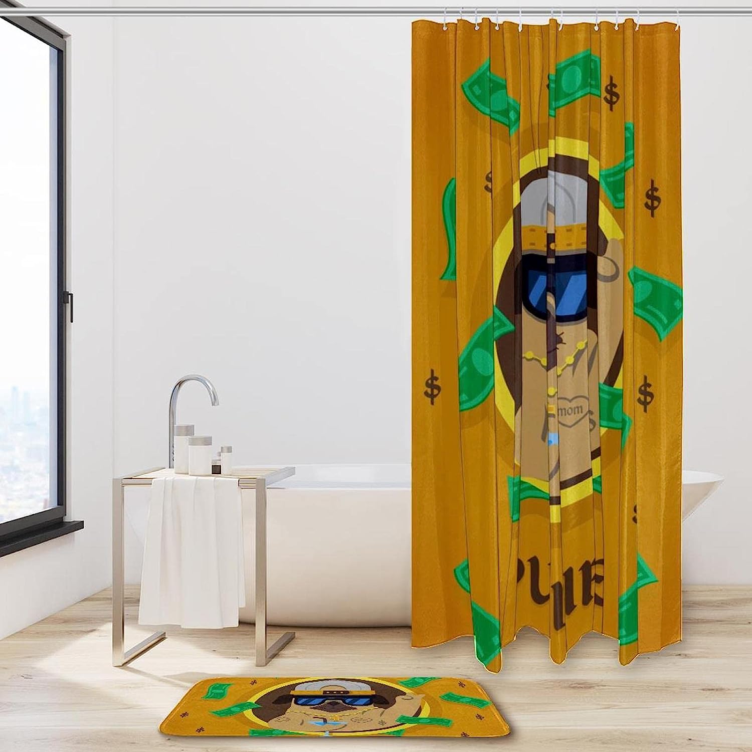 Pug Dog With Gangster Style Shower Curtain For A Fun Bathroom Decor