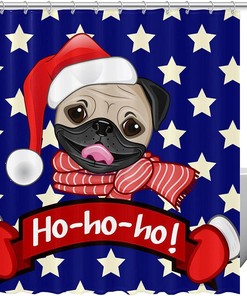 Pug In Santa Hat With Hohoho Stars Pattern Print Shower Curtain For Festive Bathroom Decor