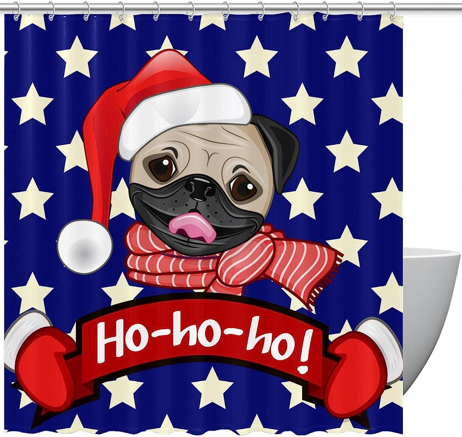 Pug In Santa Hat With Hohoho Stars Pattern Print Shower Curtain For Festive Bathroom Decor