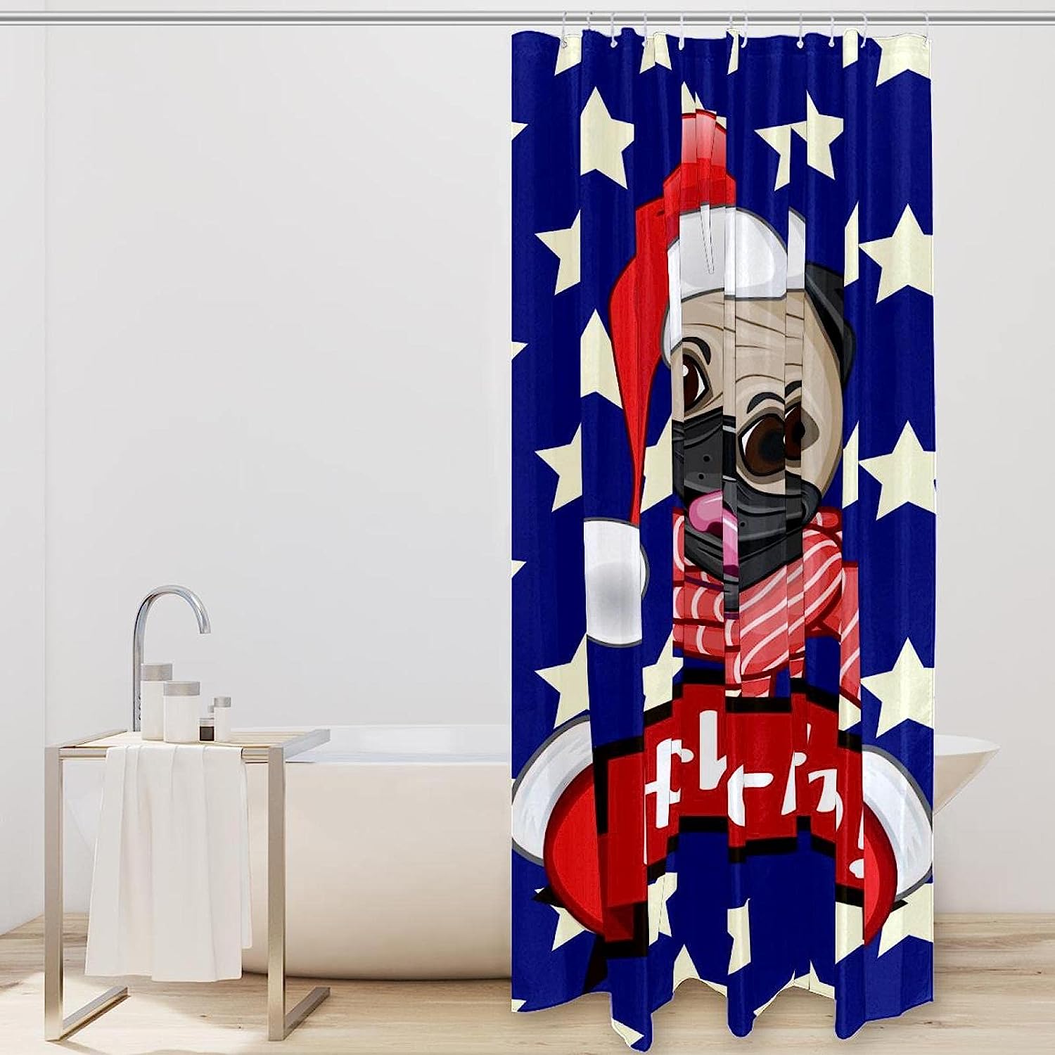 Pug In Santa Hat With Hohoho Stars Pattern Print Shower Curtain For Festive Bathroom Decor - Image 2