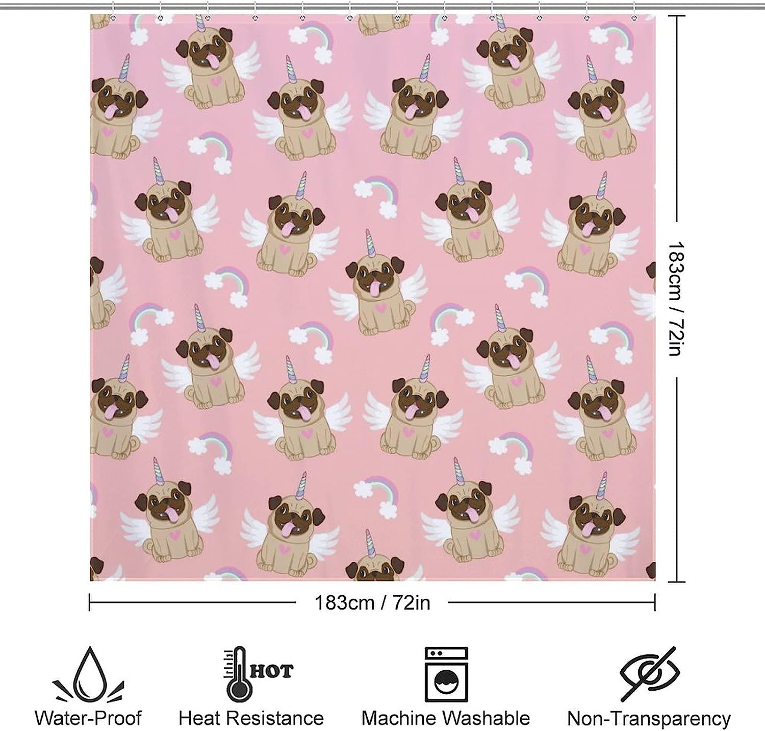 Pug Unicorn Pattern Shower Curtain for Fun Bathroom Decor