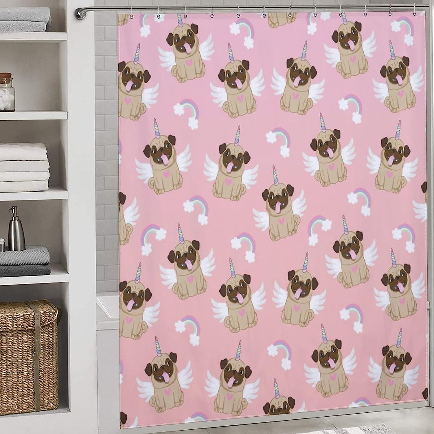 Pug Unicorn Pattern Shower Curtain for Fun Bathroom Decor