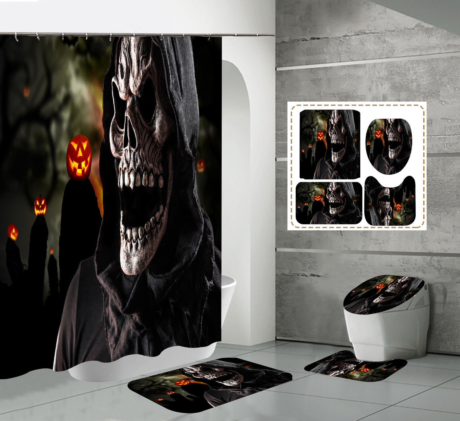 Pumpkin Lantern Skull Fabric Shower Curtain - Halloween Skull Bathroom Decor