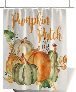 Pumpkin Leaf on Retro Linen Fall Harvest Botanical Bath Shower Curtain