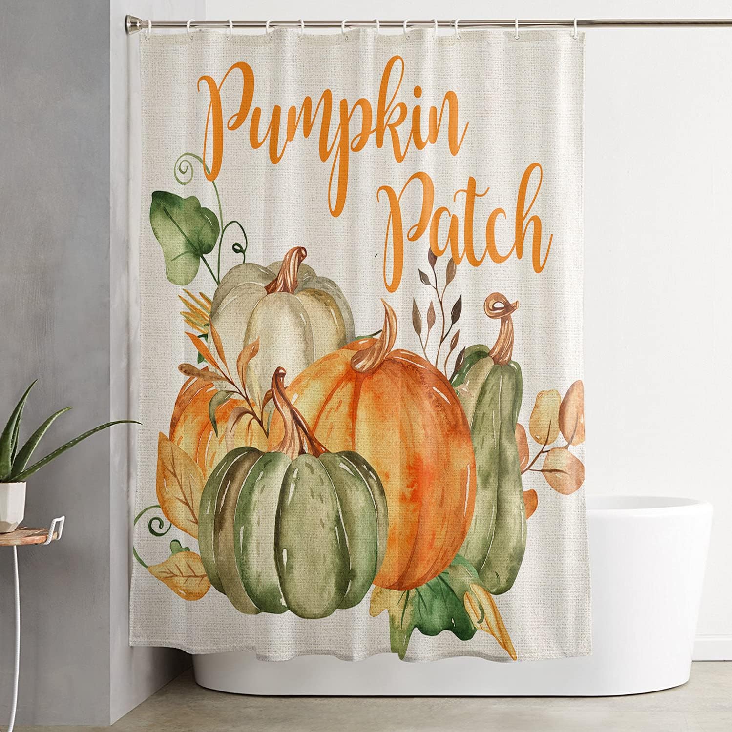 Pumpkin Leaf on Retro Linen Fall Harvest Botanical Bath Shower Curtain