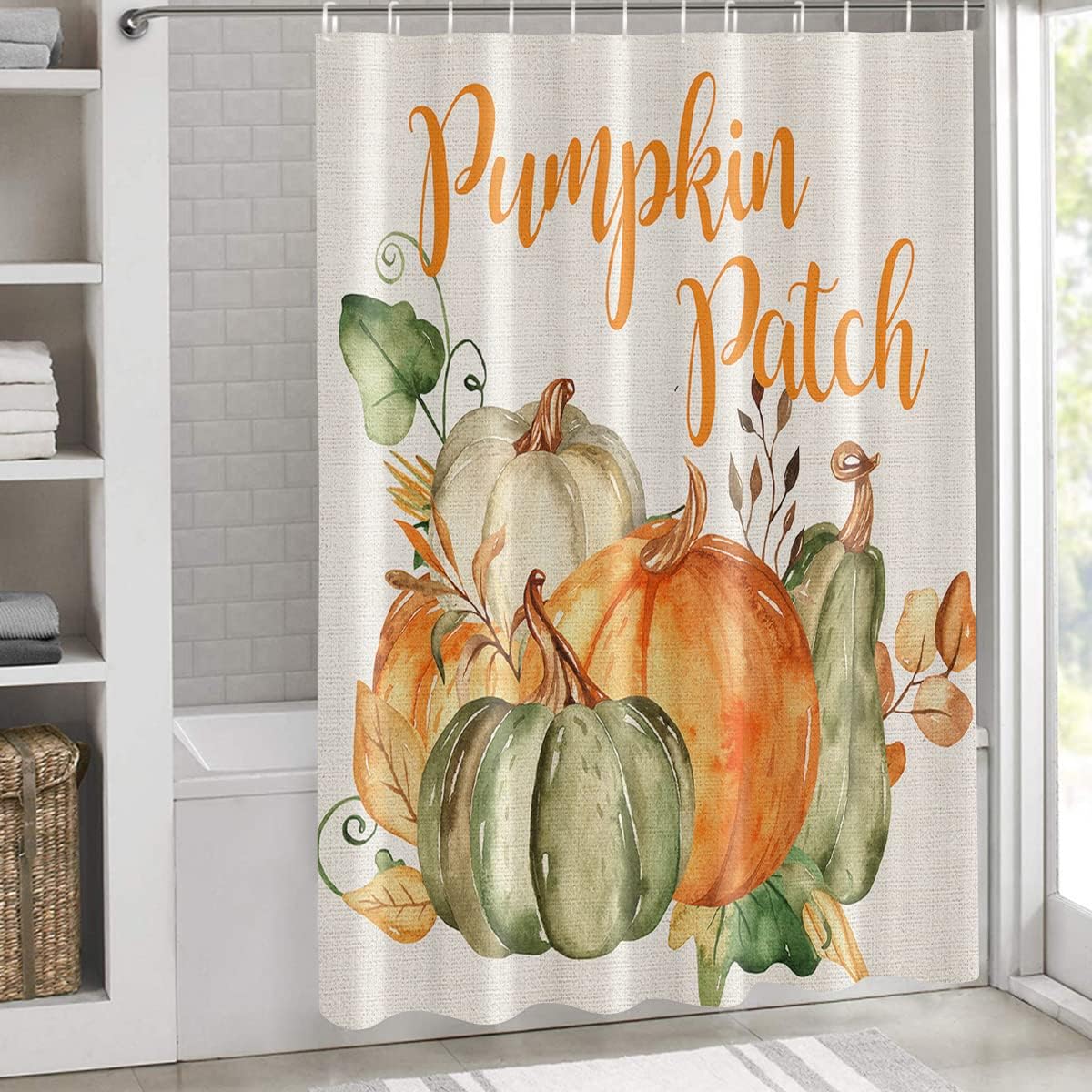 Pumpkin Leaf on Retro Linen Fall Harvest Botanical Bath Shower Curtain