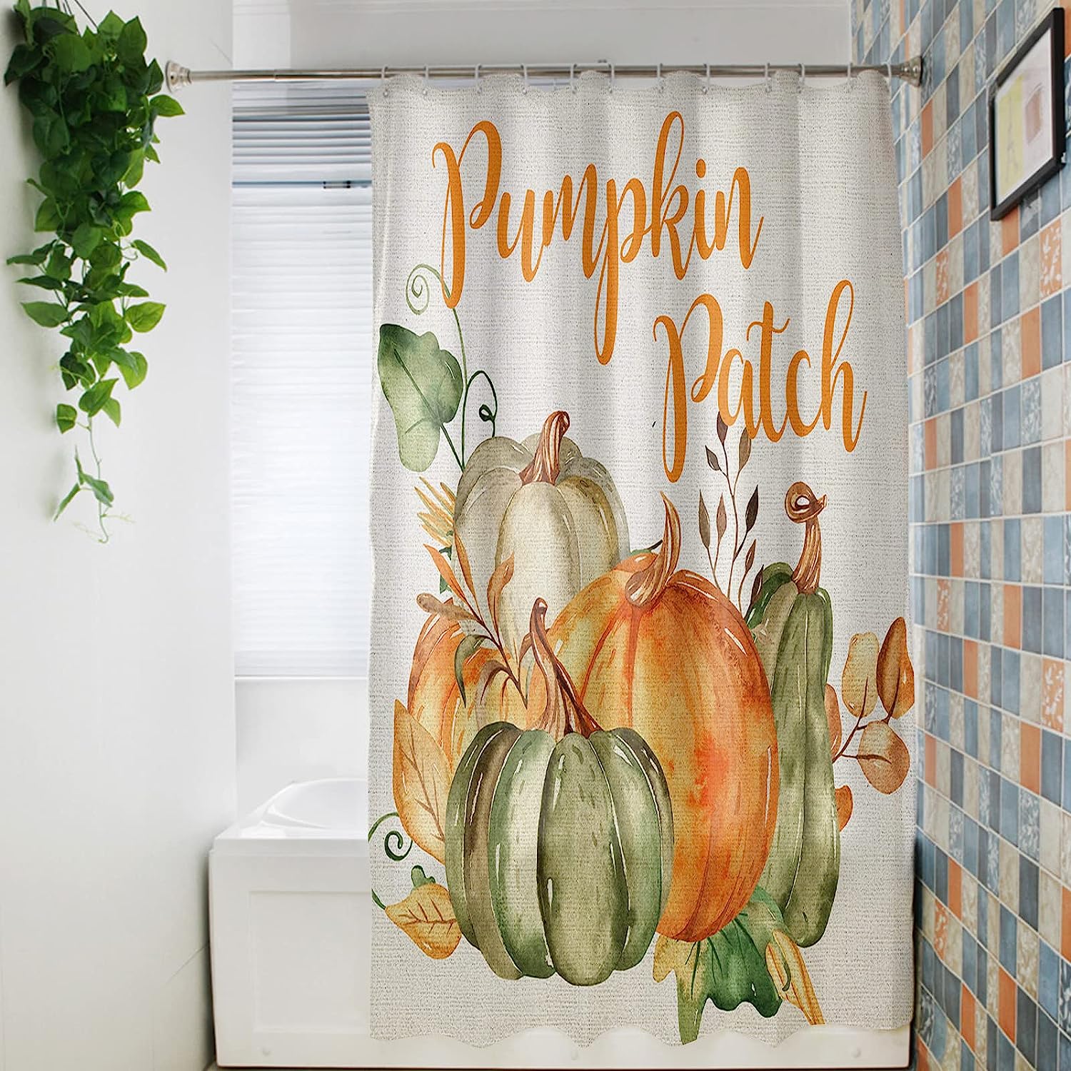 Pumpkin Leaf on Retro Linen Fall Harvest Botanical Bath Shower Curtain