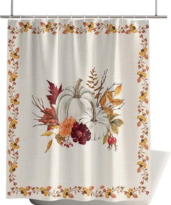 Pumpkin Maple Leaf Flower Berry Retro Linen Bathroom Shower Curtain 