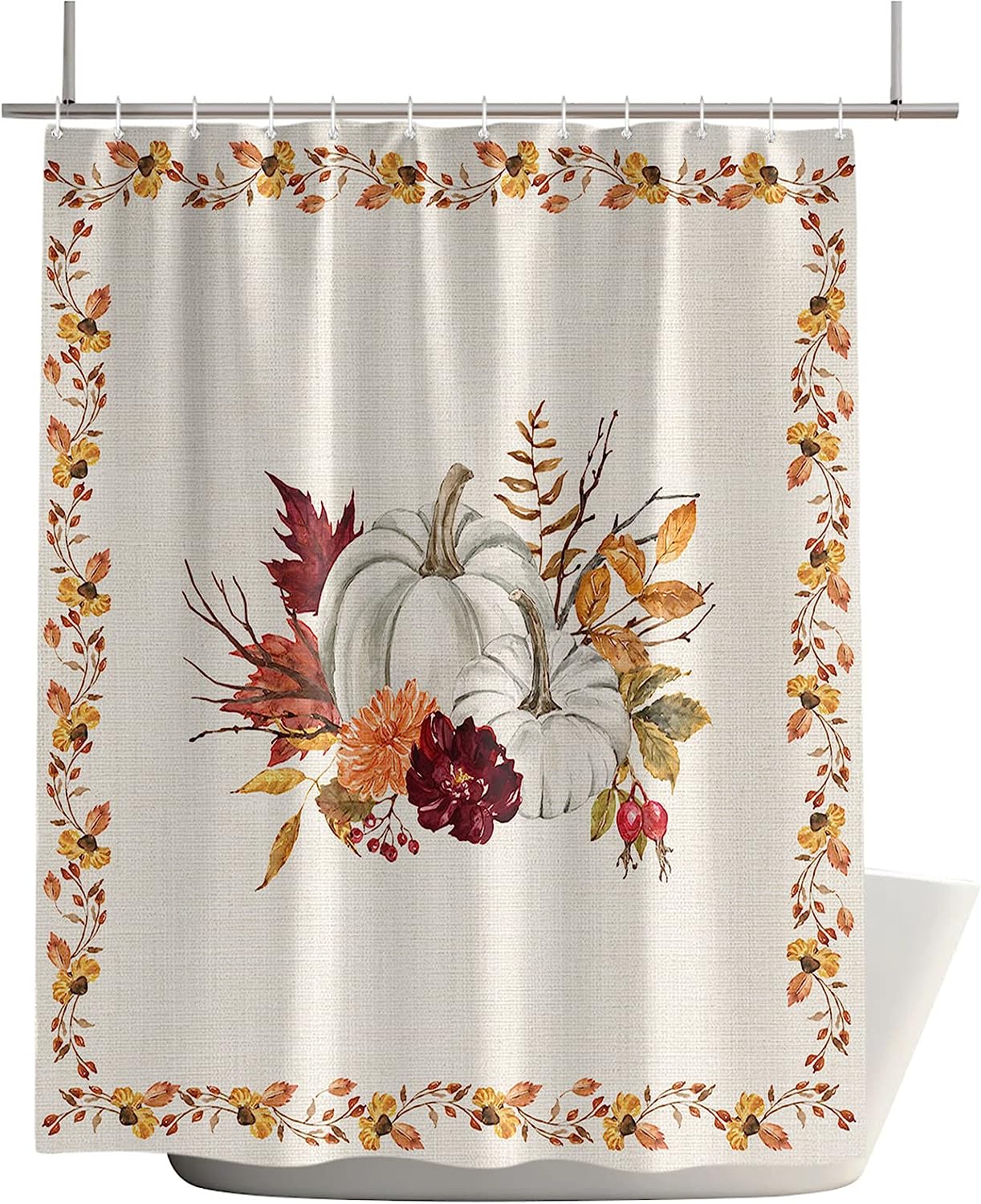 Pumpkin Maple Leaf Flower Berry Retro Linen Bathroom Shower Curtain