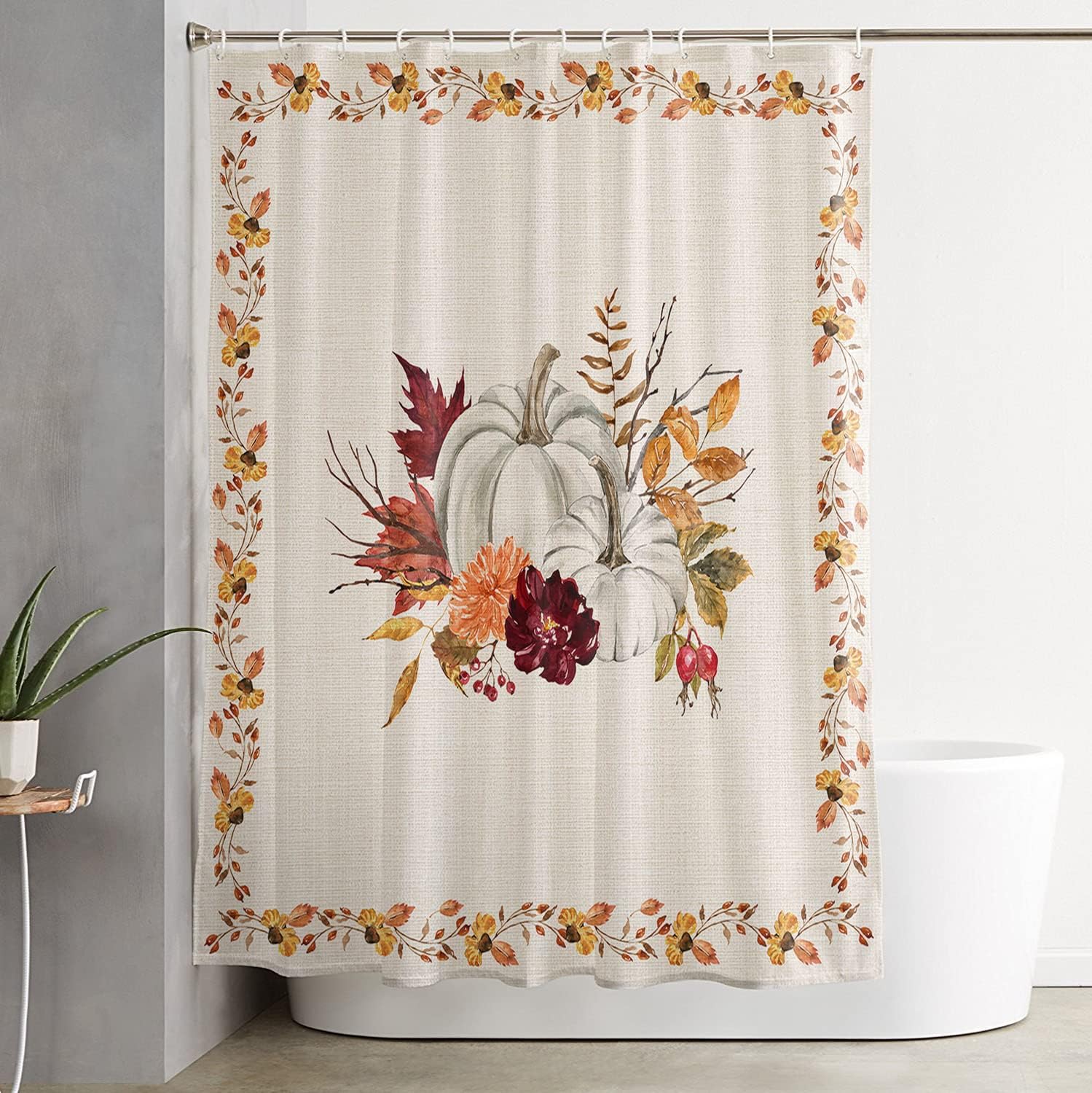 Pumpkin Maple Leaf Flower Berry Retro Linen Bathroom Shower Curtain