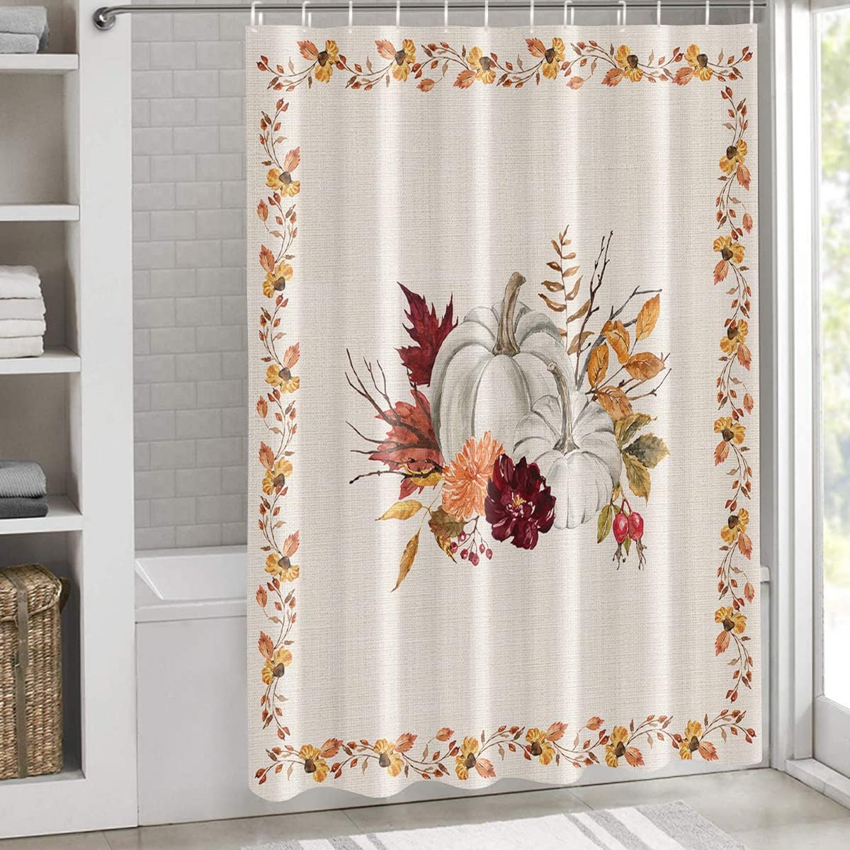 Pumpkin Maple Leaf Flower Berry Retro Linen Bathroom Shower Curtain