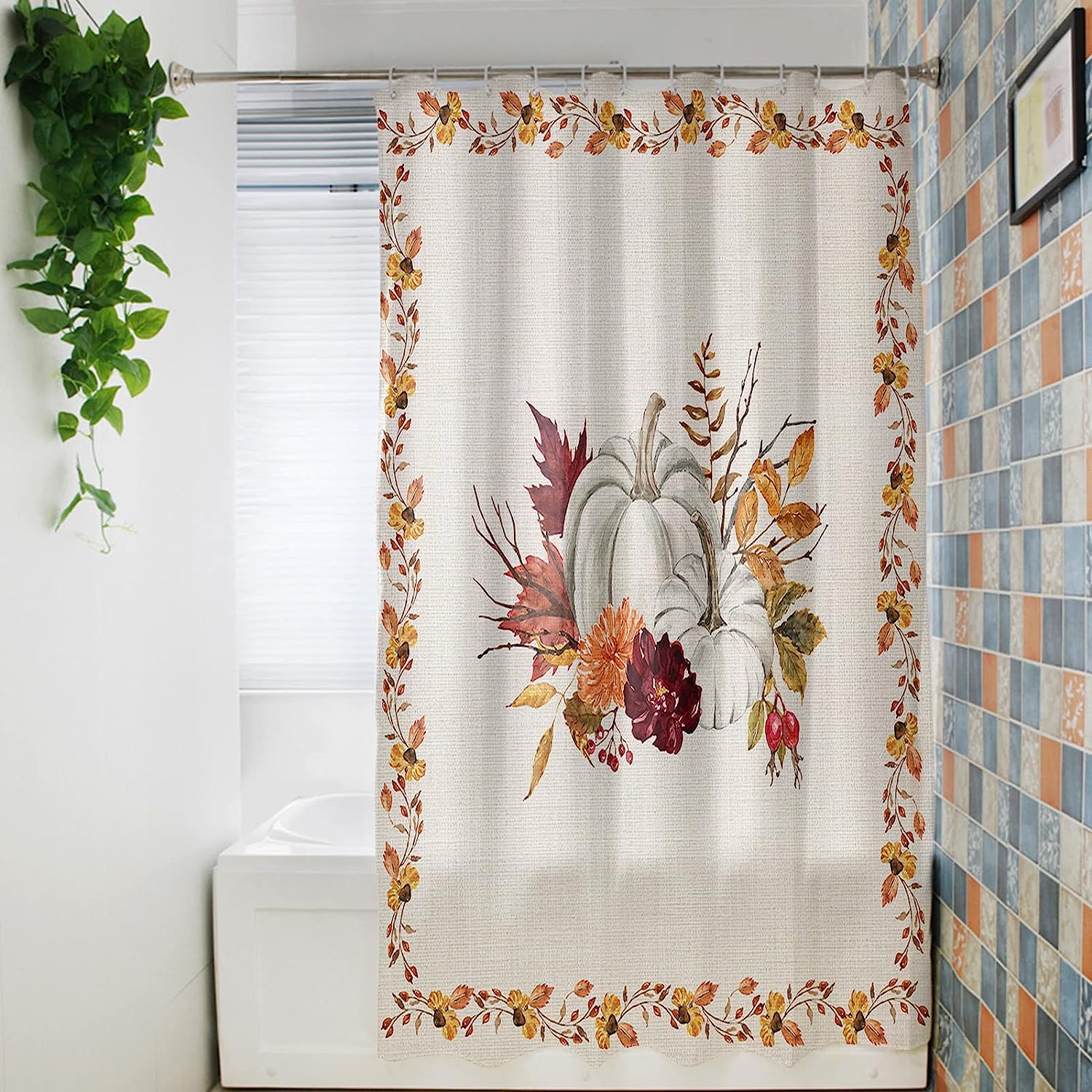 Pumpkin Maple Leaf Flower Berry Retro Linen Bathroom Shower Curtain