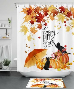 Pumpkin Maple Leaves Black Cat Happy Autumn Shower Curtain For A Seasonal Touch 