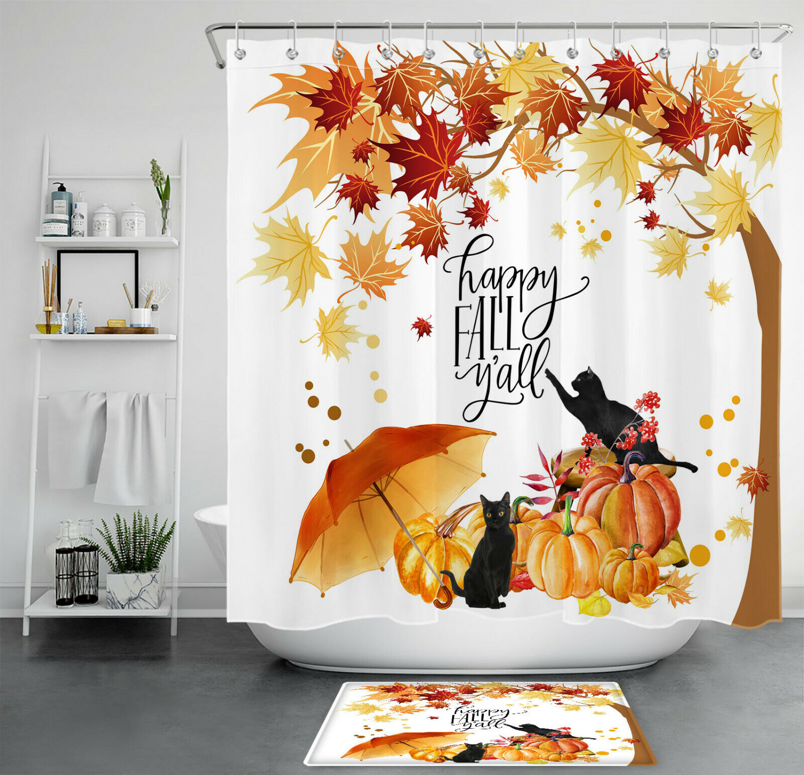 Pumpkin Maple Leaves Black Cat Happy Autumn Shower Curtain For A Seasonal Touch