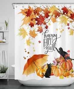 Pumpkin Maple Leaves Black Cat Happy Autumn Shower Curtain For A Seasonal Touch