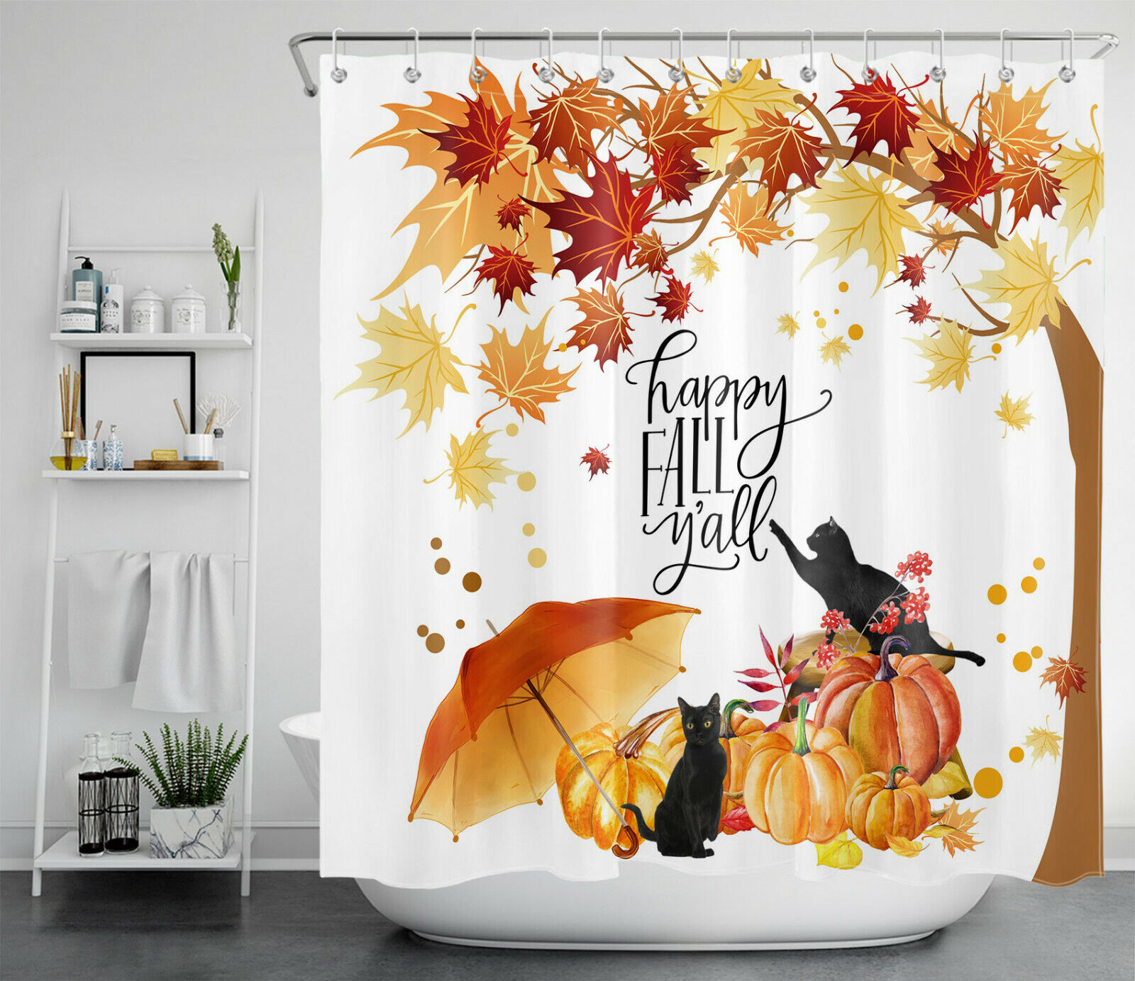 Pumpkin Maple Leaves Black Cat Happy Autumn Shower Curtain For A Seasonal Touch
