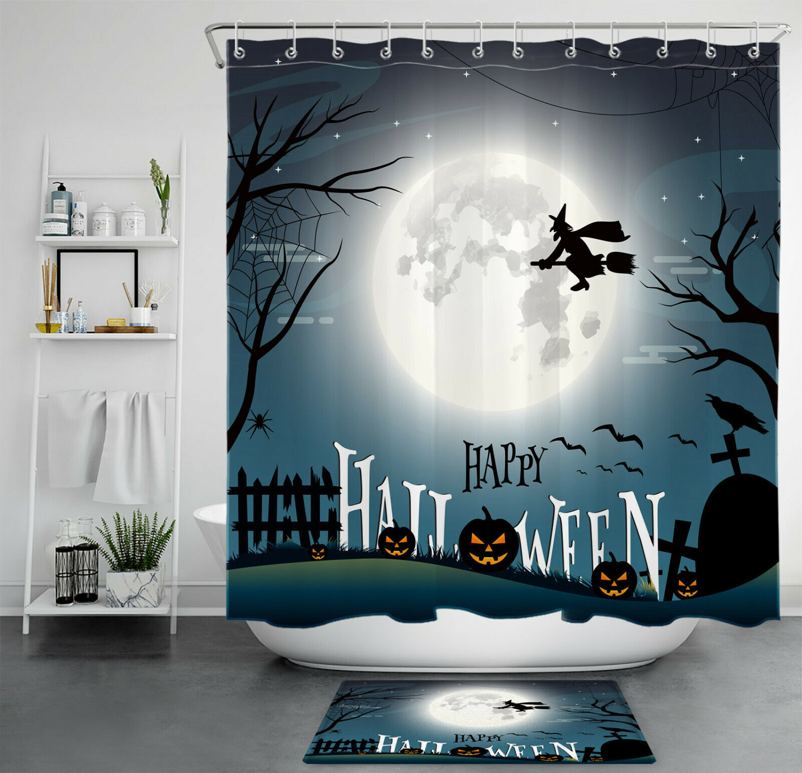 Pumpkin Witch Full Moon Spider Web For Happy Halloween Shower Curtain