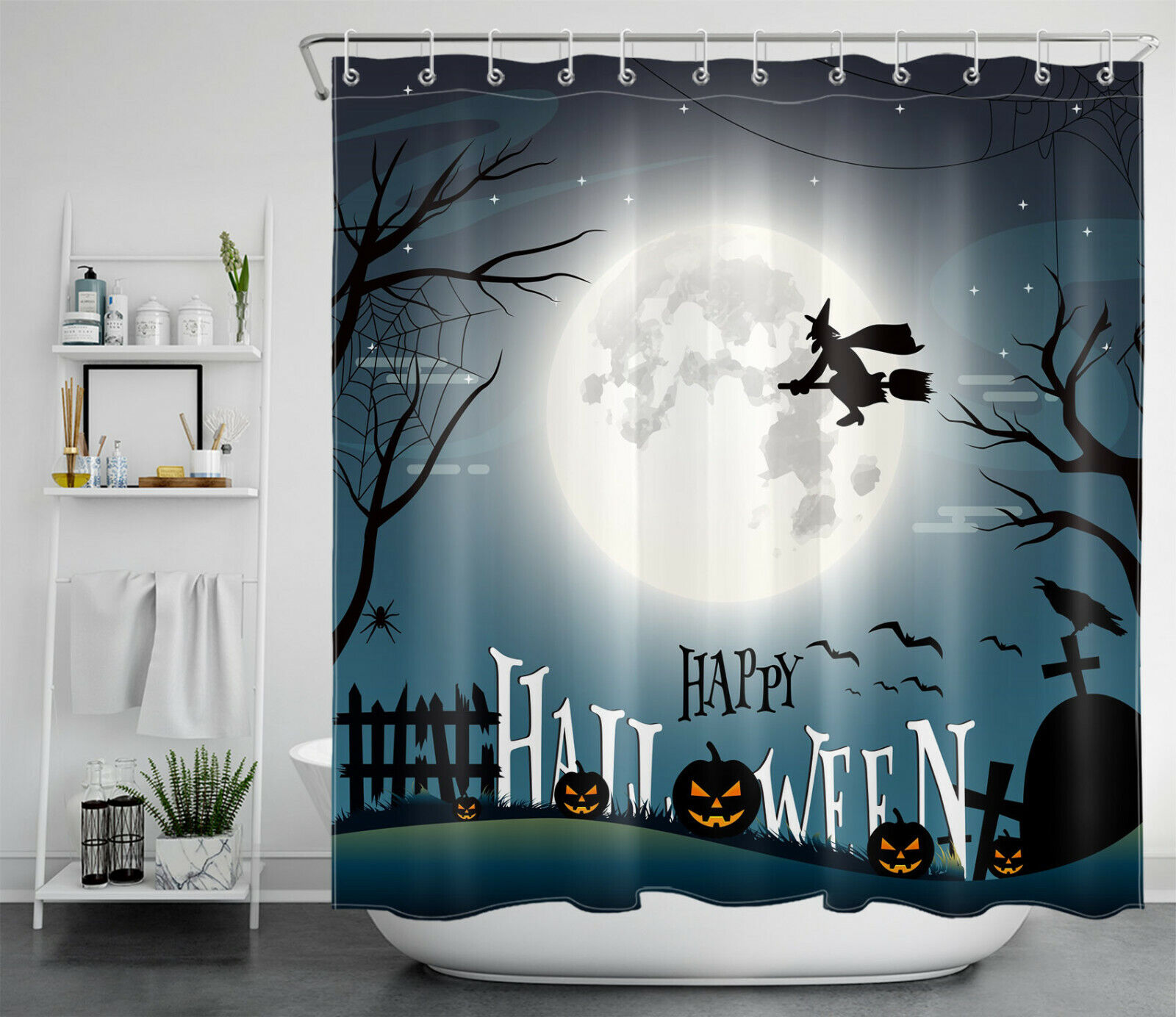 Pumpkin Witch Full Moon Spider Web For Happy Halloween Shower Curtain