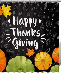Pumpkin and Leaves Print Fabric Shower Curtain for Festive Thanksgiving Bathroom Decor