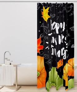 Pumpkin and Leaves Print Fabric Shower Curtain for Festive Thanksgiving Bathroom Decor