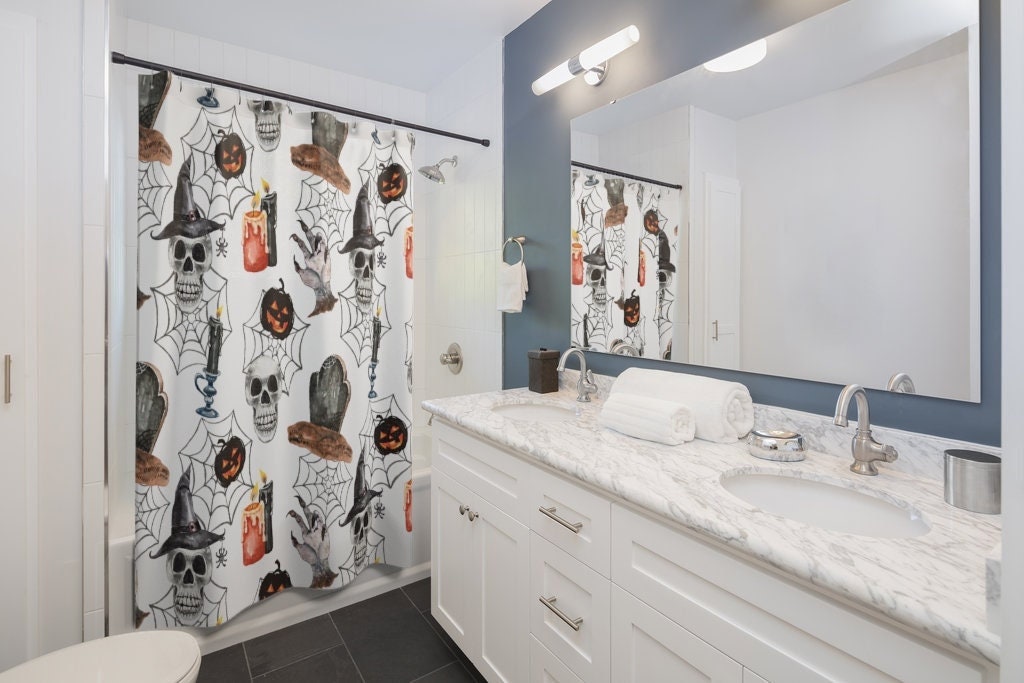 Pumpkins and Skulls Halloween Shower Curtain for a Festive and Creepy Bathroom