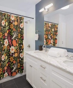 Punk Goth Skeleton Fall Floral Shower Curtain, Halloween Bathroom Decor