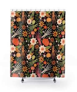 Punk Goth Skeleton Fall Floral Shower Curtain, Halloween Bathroom Decor