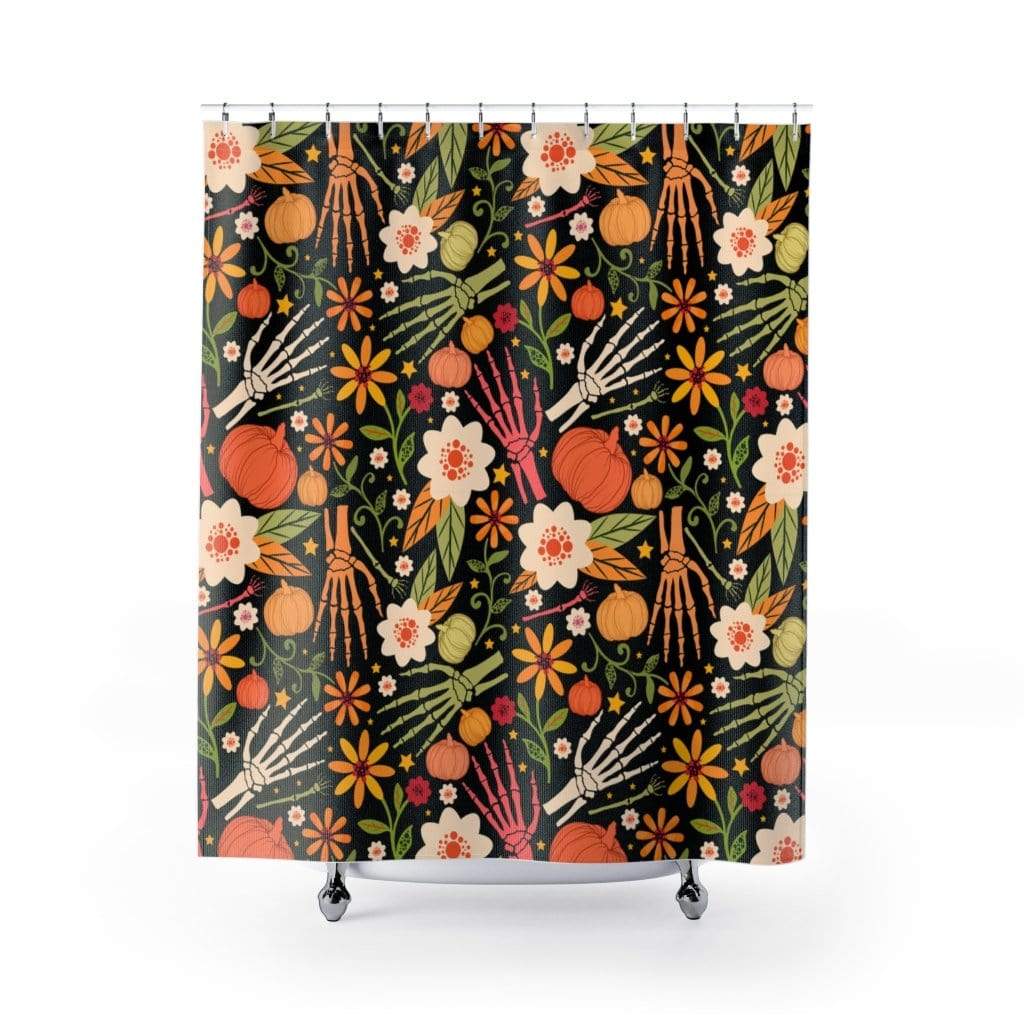 Punk Goth Skeleton Fall Floral Shower Curtain, Halloween Bathroom Decor