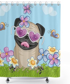 Puppy on The Field Flowers Heart Clouds Pug Shower Curtain, Cloth Fabric Bathroom Decor