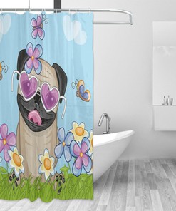 Puppy on The Field Flowers Heart Clouds Pug Shower Curtain, Cloth Fabric Bathroom Decor