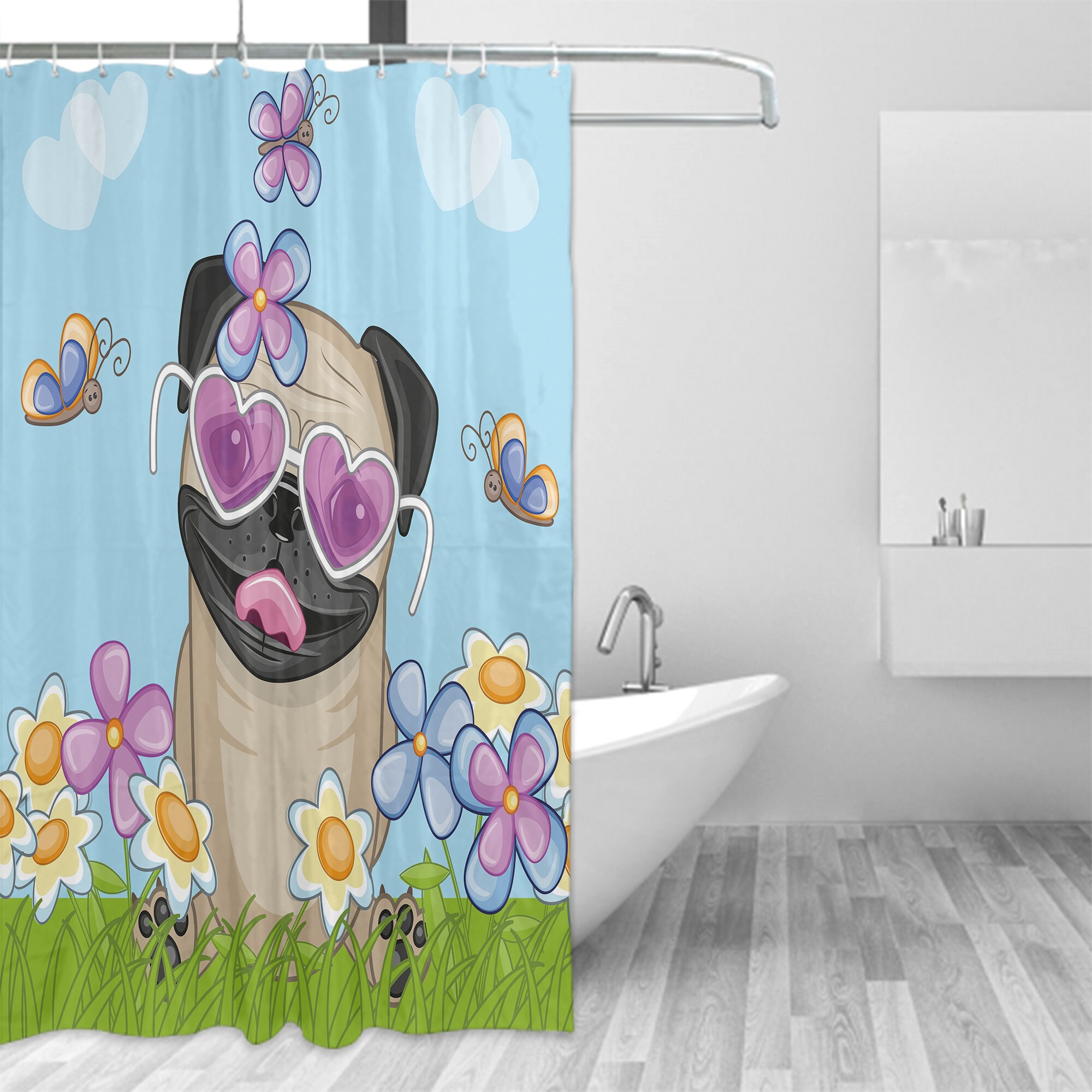 Puppy on The Field Flowers Heart Clouds Pug Shower Curtain, Cloth Fabric Bathroom Decor
