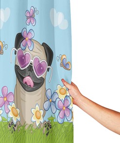 Puppy on The Field Flowers Heart Clouds Pug Shower Curtain, Cloth Fabric Bathroom Decor