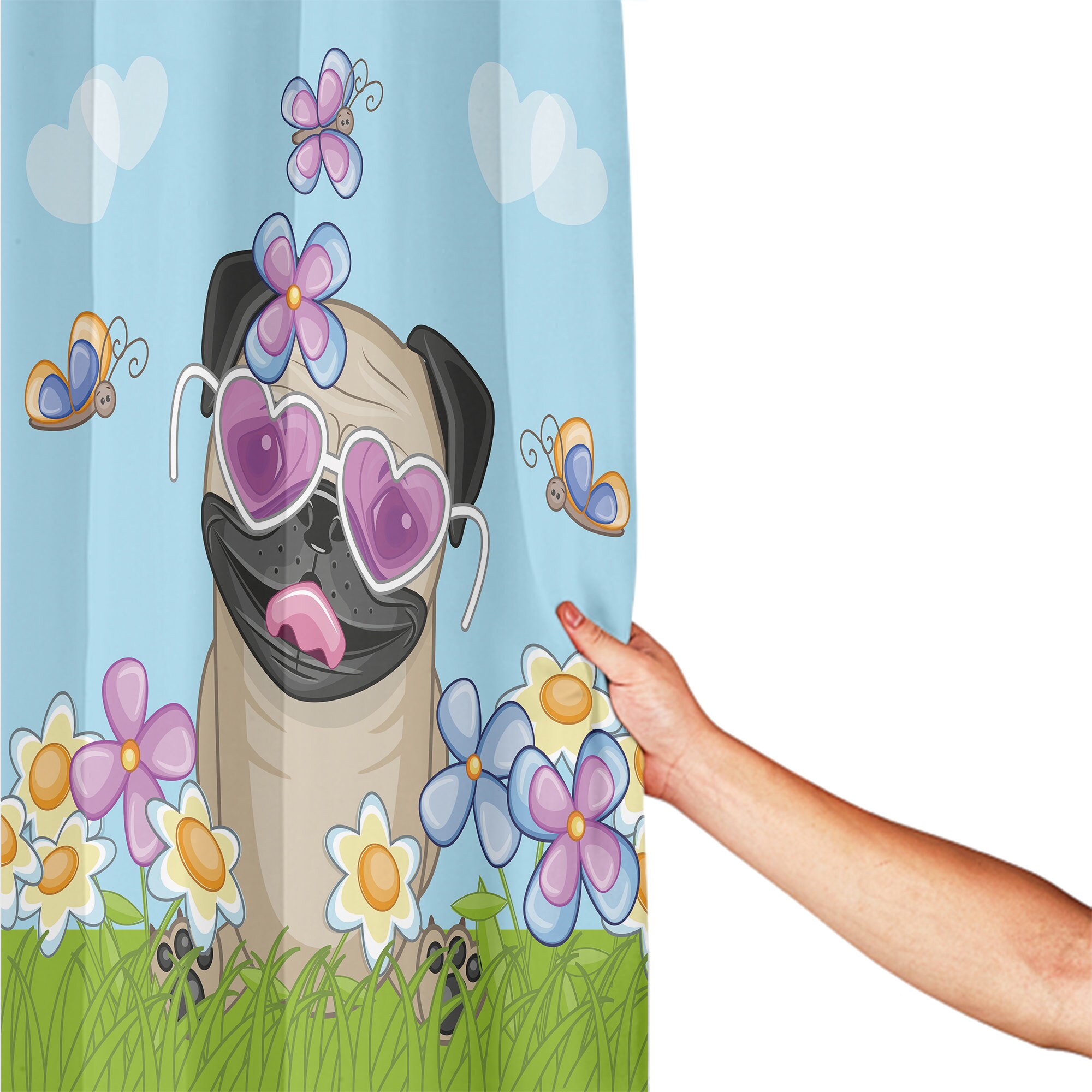 Puppy on The Field Flowers Heart Clouds Pug Shower Curtain, Cloth Fabric Bathroom Decor