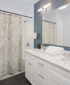 Pure Lodden Sepia Beige & White Vintage English Bathroom Accessory with William Morris Shower Curtain